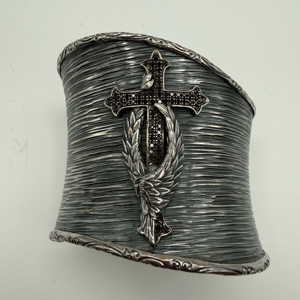 Scott Kay Hammered Sterling Silver Bracelet W/ Angel Blk Protecting Spinel Cross